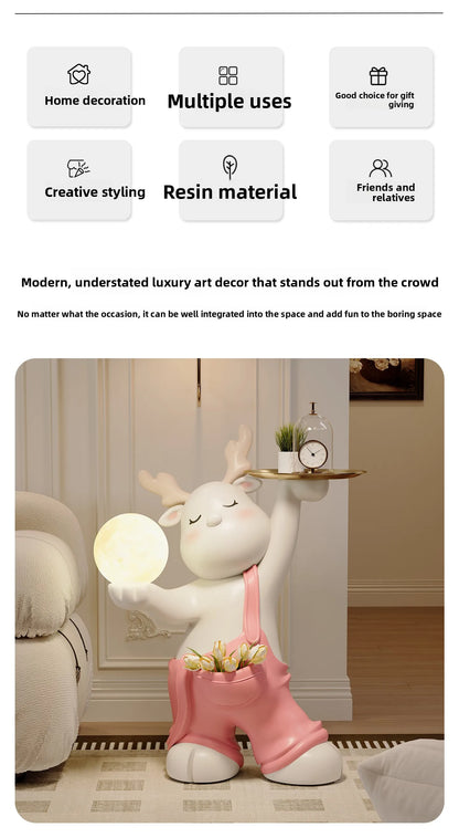 MC THE BLACK DIAMOND luminous elk deer figurine as a decorative floor tray and side table accessory in a cozy room setting.