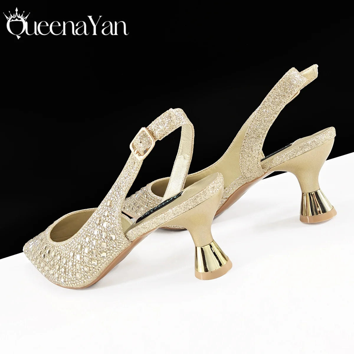 Queena Yan Italian design green pointed toe high heels and matching rhinestone luxury bag set for women’s party wear.