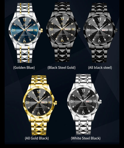 Men Watch Water Diamond Luxury Night Glow Double Calendar Quartz Movement 41mm Blue Gold Stainless Steel Fashion Business Watch - https://mohammadcollection.com