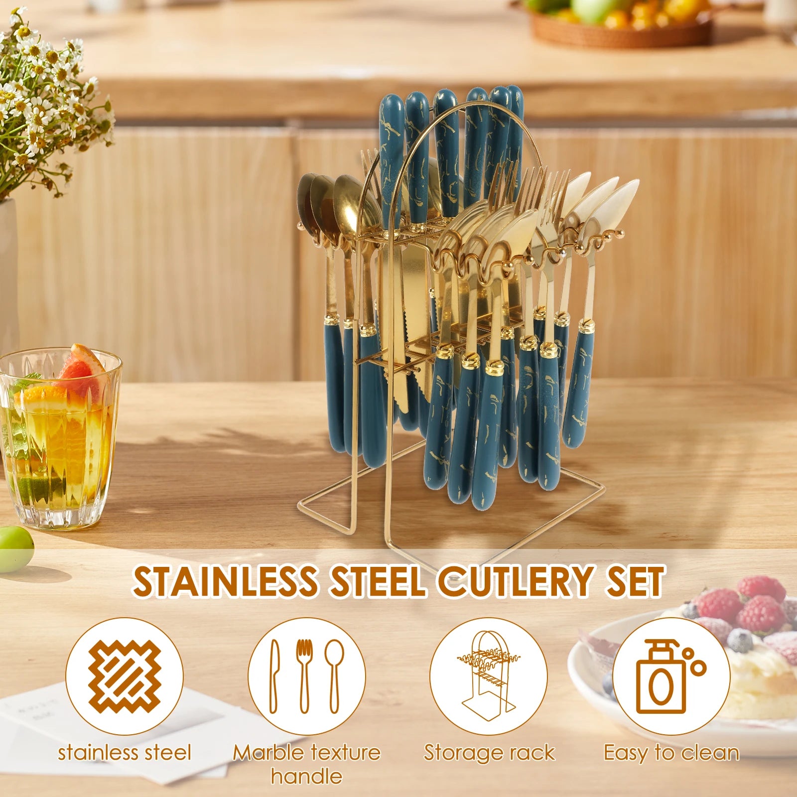 Stainless steel 24-piece tableware set with holder, including forks, knives, and spoons, mirror polished for six people.
