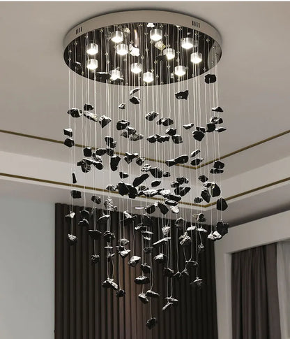 Black Art Luxury Stone Crystal Chandelier For Staircase Hallway Lobby Modern Cristal LED Hanging Lamp Home Indoor Light Fixtures