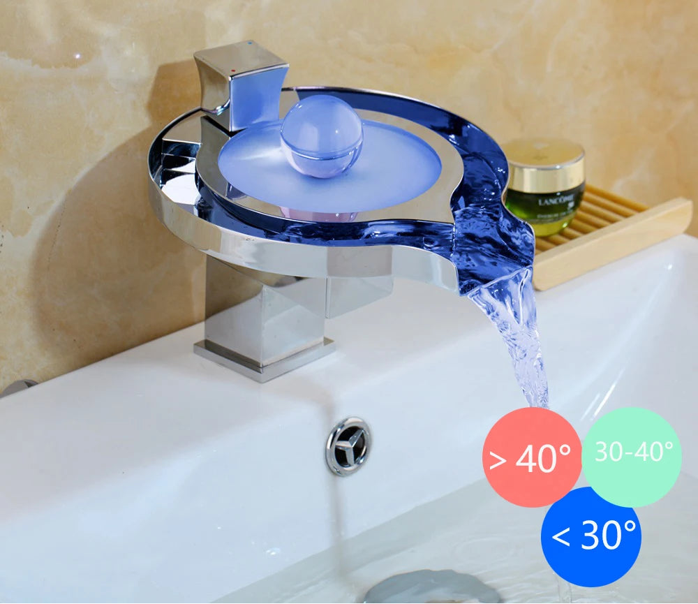 MC THE BLACK DIAMOND ZAPPO LED RGB bathroom basin sink faucet with waterfall spout, brass construction, chrome finish, hot and cold water.