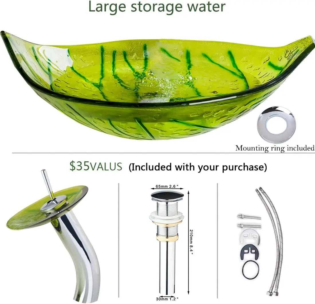 Green leaf-shaped vessel sink by MC THE BLACK DIAMOND, stylish bathroom wash basin with natural leaf design.