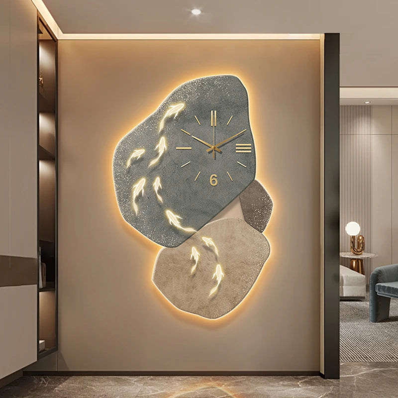 Modern Nine Fish Map Wall Clock by MC THE BLACK DIAMOND with luminous details, decorative entrance or corridor hanging clock.