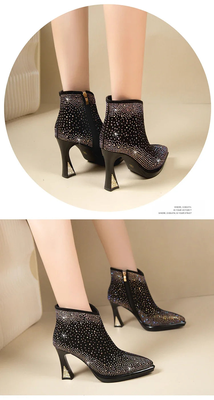 Women's short boots with thick square high heels, stylish design from Mohammad Collection, showcased in this image.