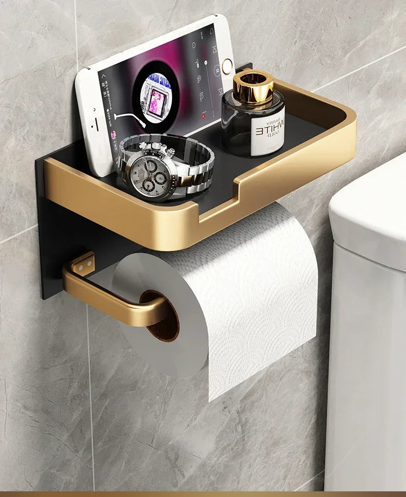 Black Gold Toilet Paper Holder Bathroom Wall Mount Multifunction WC Phone Towel Roll Shelf Accessories - https://mohammadcollection.com