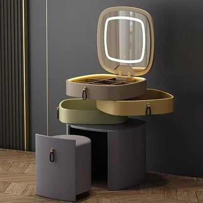 Modern MC THE BLACK DIAMOND makeup vanity with mirror, storage drawers, and stool, stylish dressing table for hotel or home use.