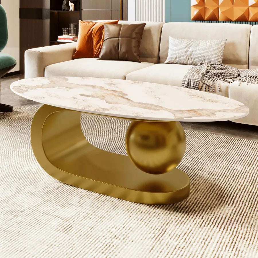 Modern Oval Coffee Table for Living Room Marble Pattern Sintered Stone Coffee Tabletop with Gold Stainless Steel Base in 47.2" - https://mohammadcollection.com