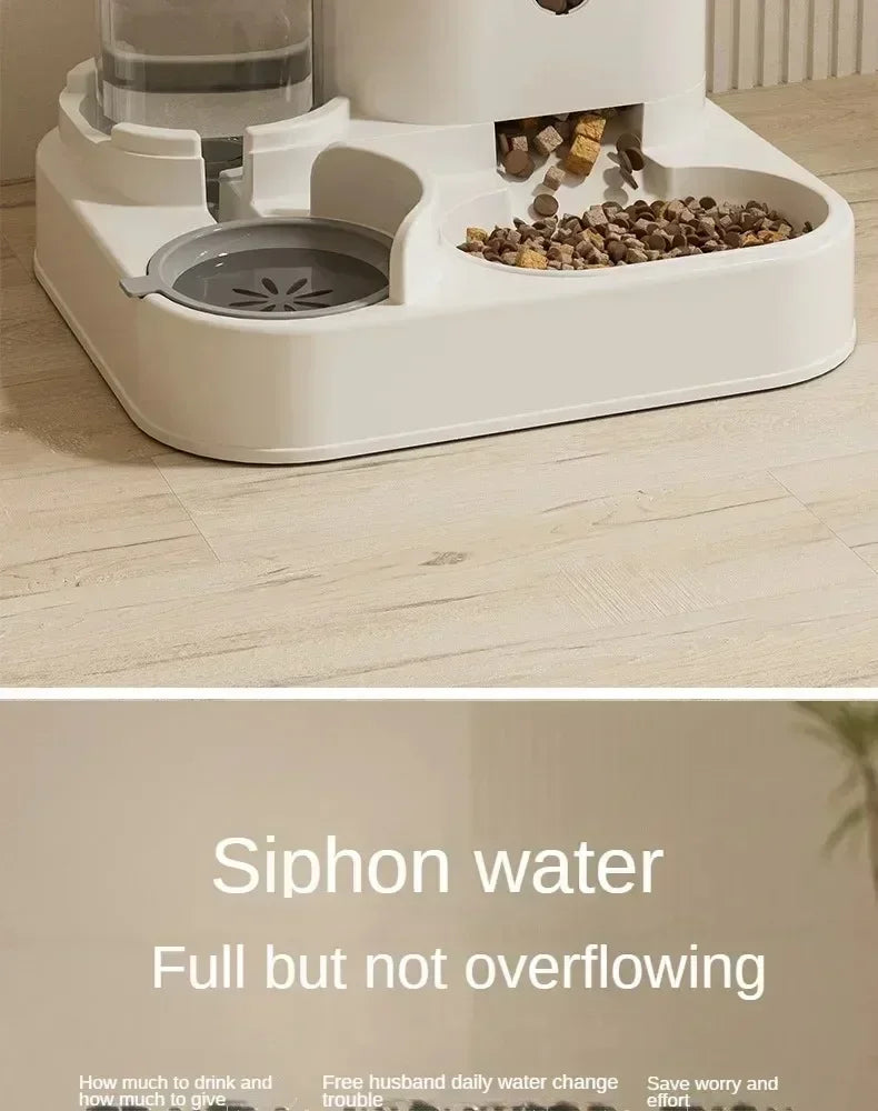 Automatic pet feeder with water fountain from MC THE BLACK DIAMOND, large capacity food storage dispenser for dogs and cats.