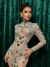 MC Women transparent rhinestones bodycon dress by MC THE BLACK DIAMOND, fitted design with sparkling rhinestone details.