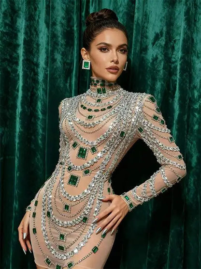 MC Women transparent rhinestones bodycon dress by MC THE BLACK DIAMOND, fitted design with sparkling rhinestone details.