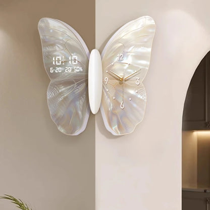 Modern MC THE BLACK DIAMOND butterfly wall clock with double-sided digital display, mute mechanism, suitable for living room decor.