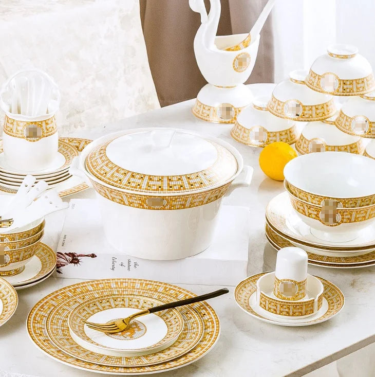 European light luxury style bone china tableware set with elegant plates and bowls, showcasing intricate patterns and fine craftsmanship.