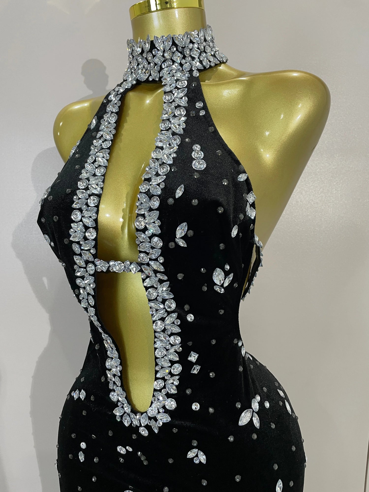 MC THE BLACK DIAMOND MC Sparkly Diamond Hollow Velvet Mermaid Long Dress, elegant black gown with shimmering diamond details and velvet fabric.