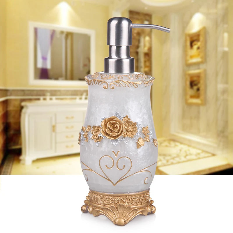 European resin bathroom set including soap dispenser, toothbrush holder, cup, soap dish, toilet brush, and wastebin from MC THE BLACK DIAMOND