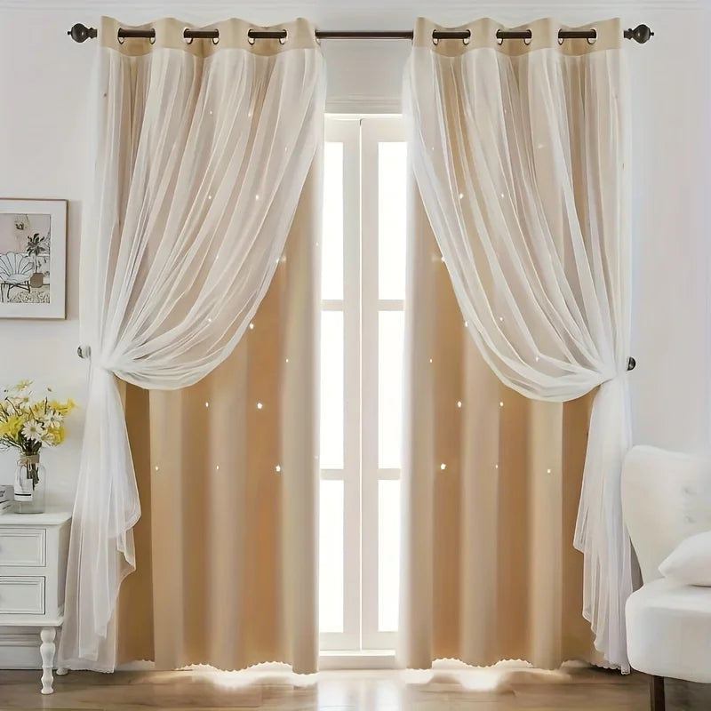 2 Panel Blue Romantic Sheer Girls Curtains Double-Layer Princess Curtains Hollow Stars Blackout Curtains Star Ins Gauze Curtains - https://mohammadcollection.com