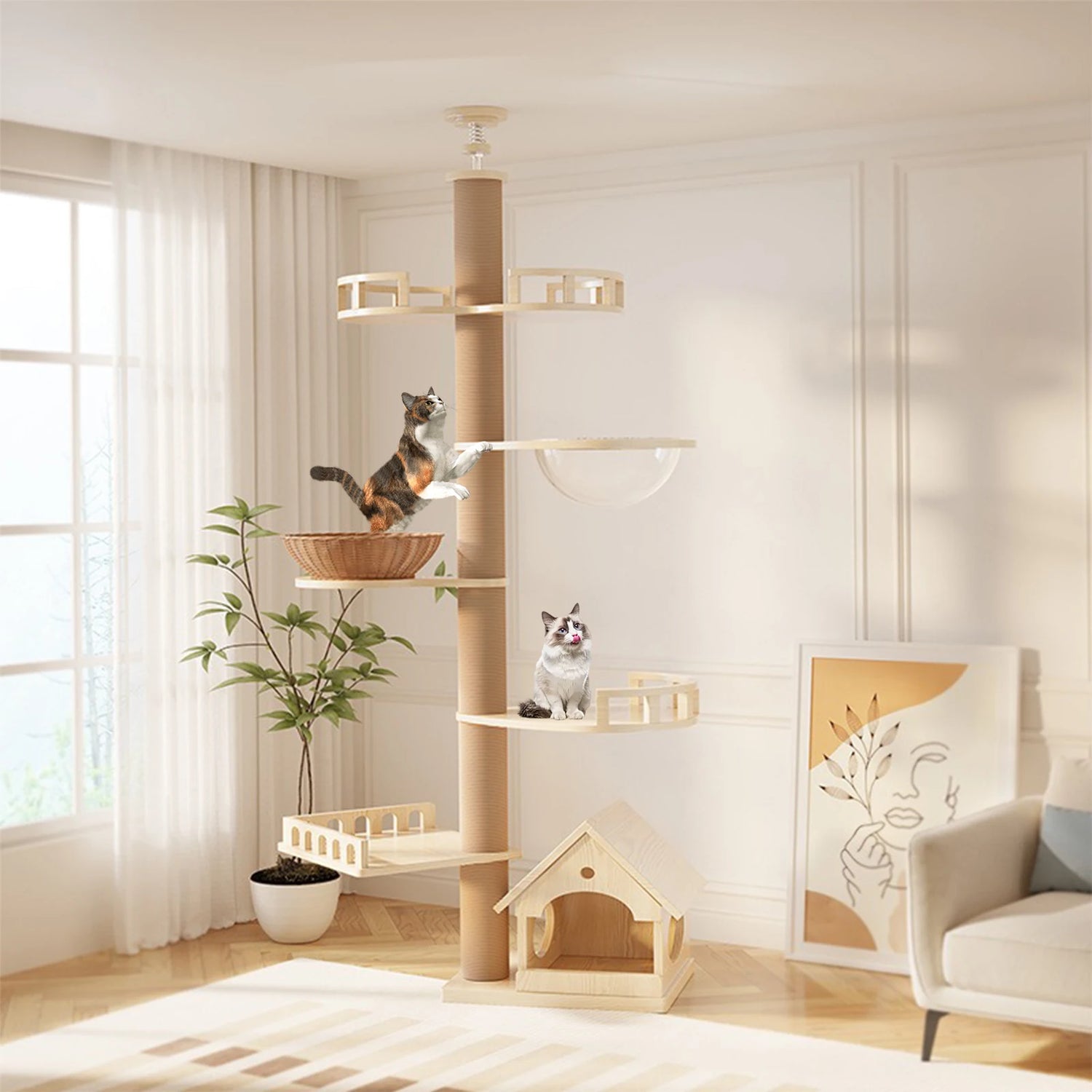 MC THE BLACK DIAMOND YXT Cat Tree with cat nest and perch, featuring a multi-level floor-to-ceiling tower for cats to scratch and rest.