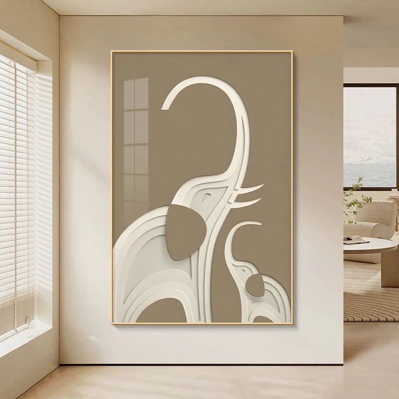 Black elephant abstract wall decor poster by MC THE BLACK DIAMOND featuring LED light accents for modern living room art display.