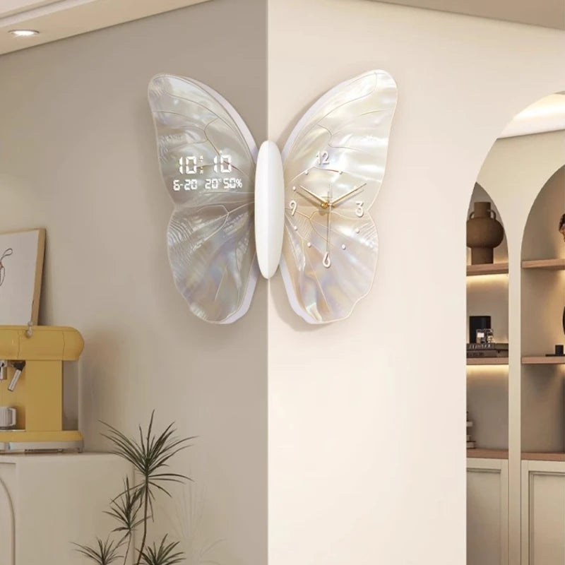 Modern MC THE BLACK DIAMOND butterfly wall clock with digital display, double-sided, mute, and suitable for living room decor.