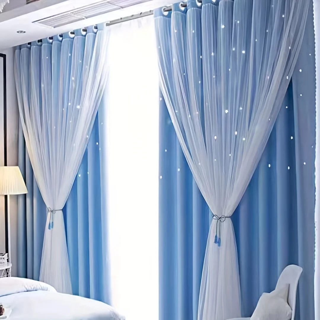 2 Panel Blue Romantic Sheer Girls Curtains Double-Layer Princess Curtains Hollow Stars Blackout Curtains Star Ins Gauze Curtains - https://mohammadcollection.com