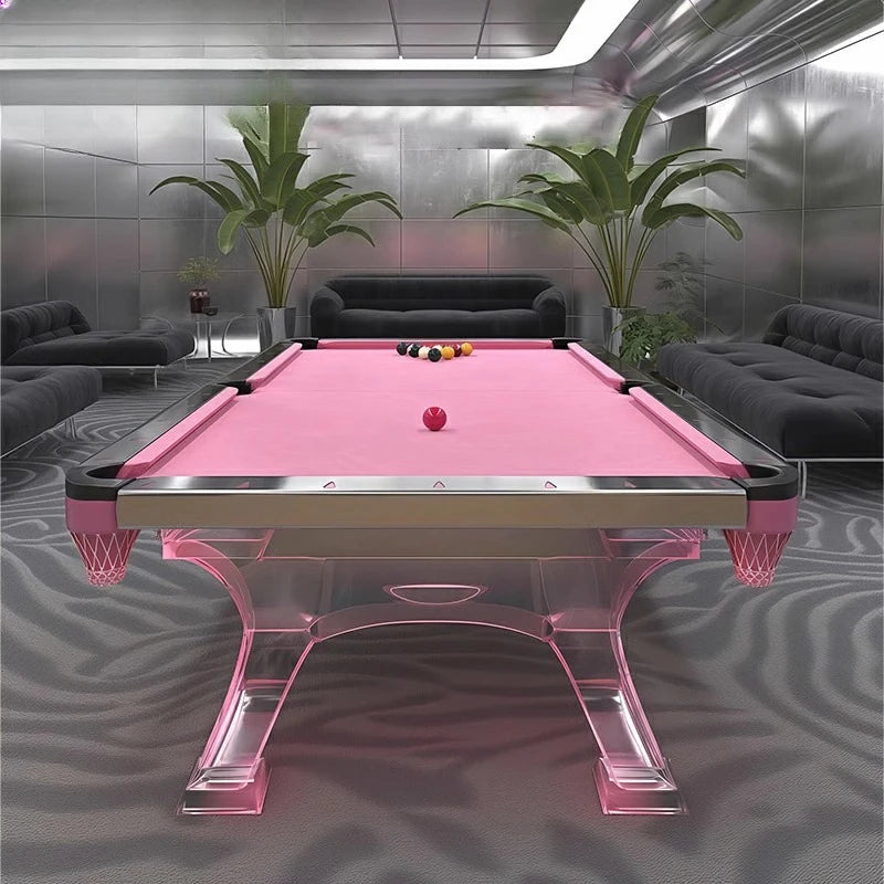 Pink acrylic billiard table by MC THE BLACK DIAMOND, luxury home entertainment billiard table with sleek modern design.