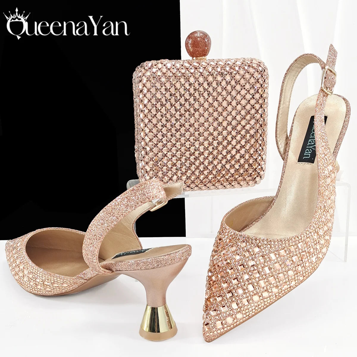 Queena Yan Italian design green rhinestone pointed toe high heels and matching handbag set for women’s party wear.
