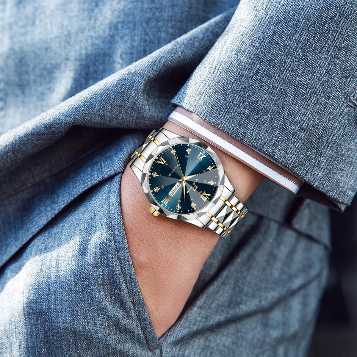 Men Watch Water Diamond Luxury Night Glow Double Calendar Quartz Movement 41mm Blue Gold Stainless Steel Fashion Business Watch - https://mohammadcollection.com