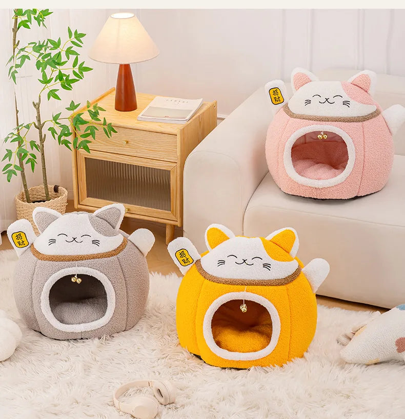 Lucky Fortune Cat Pet Bed - Winter Warm Semi-Open Fleece Round Bed for Cats &amp; Dogs | Cozy Lucky Pet House, Soft Cushioned Kennel - https://mohammadcollection.com