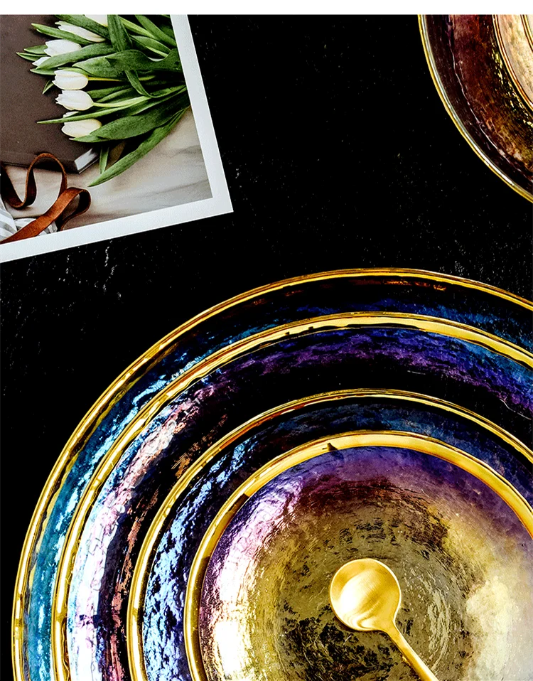 Rainbow glass dinner plates and salad bowls with gilt rim by 𝕄𝕔 𝕋𝕙𝕖 𝔹𝕝𝕒𝕔𝕜 𝔻𝕚𝕒𝕞𝕠