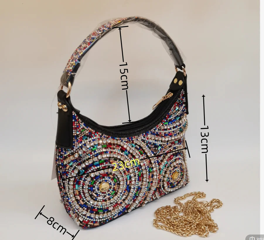 MC THE BLACK DIAMOND women's rhinestone evening clutch handbag with long chain, embellished, casual style for elegant occasions.