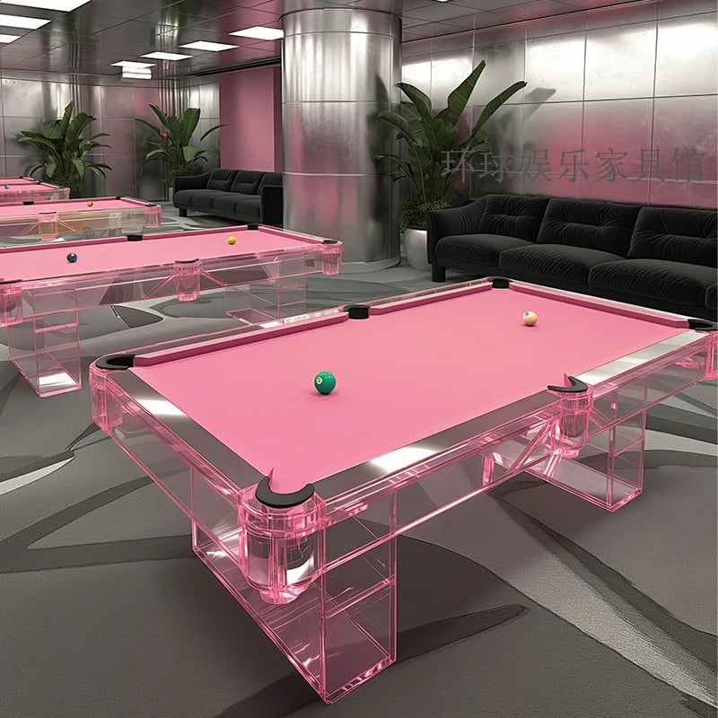 Pink acrylic billiard table by MC THE BLACK DIAMOND featuring a sleek, modern design perfect for luxury home entertainment.