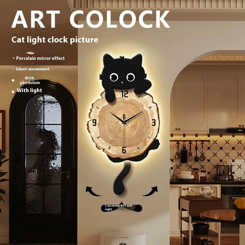 MC THE BLACK DIAMOND Nordic retro style cat wall clock with LED lighting, colorful luminous wall art for living room decor