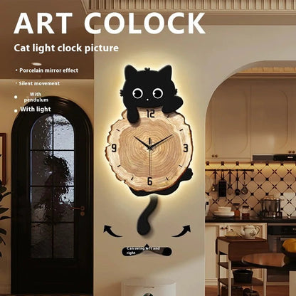 MC THE BLACK DIAMOND Nordic retro style cat wall clock with LED lighting, colorful luminous wall art for living room decor