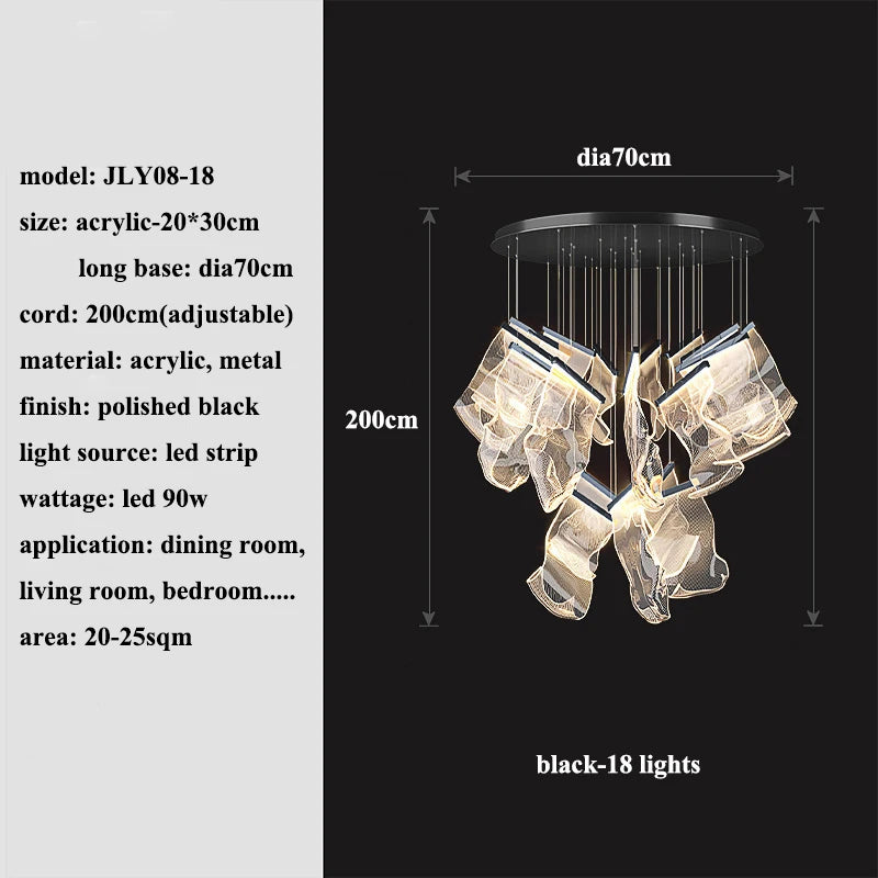 Modern MC THE BLACK DIAMOND LED chandelier lighting fixture hanging in a stylish living and dining room setting
