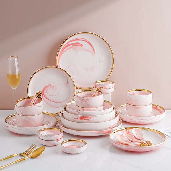 Pink gilded marble pattern porcelain dinner plate and bowl set with spoon, ceramic kitchen dinnerware by MC THE BLACK DIAMOND.