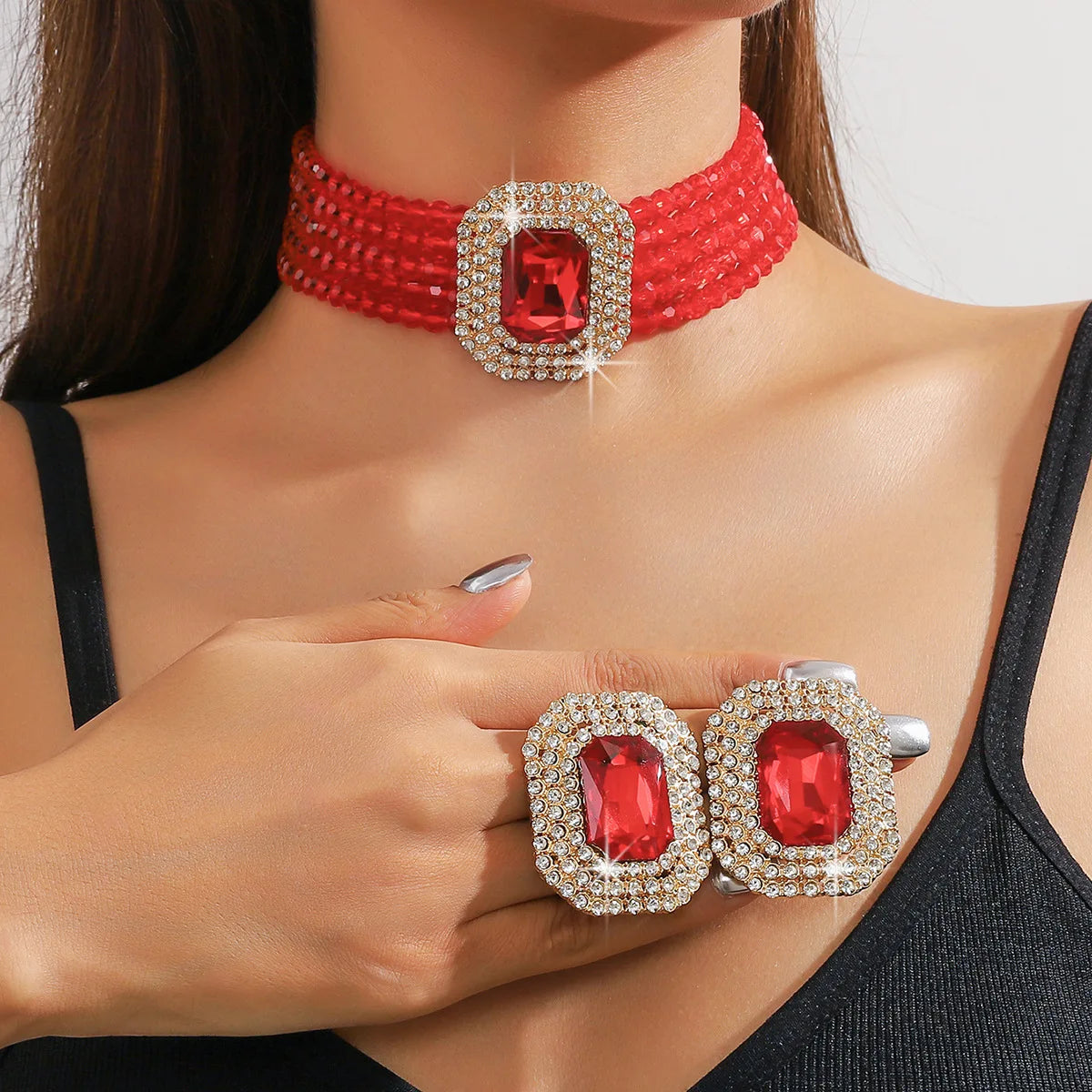 Elegant crystal necklace with geometric square design and pearl earrings by 𝕄𝕔 𝕋𝕙𝕖 𝔹𝕝𝕒𝕔𝕜 𝔻𝕚𝕒𝕞𝕠