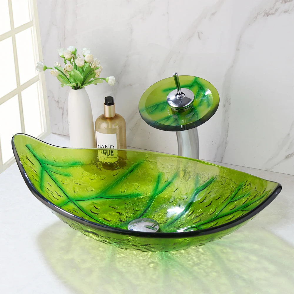 Green leaf-shaped vessel sink for bathroom, by MC THE BLACK DIAMOND, featuring a stylish and natural design.