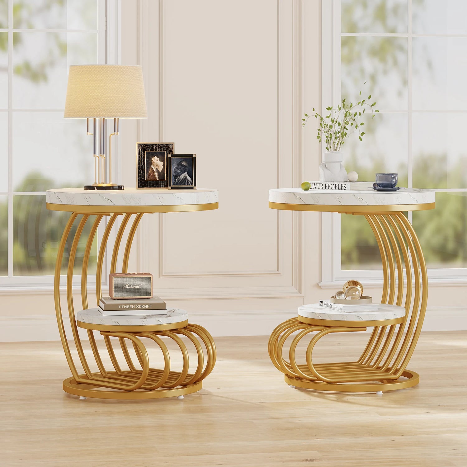 Tribesigns Gold Round End Table: 2 Tiers Faux Marble Side Table with Storage Shelf, Modern White Gold Bedside Nightstand - https://mohammadcollection.com