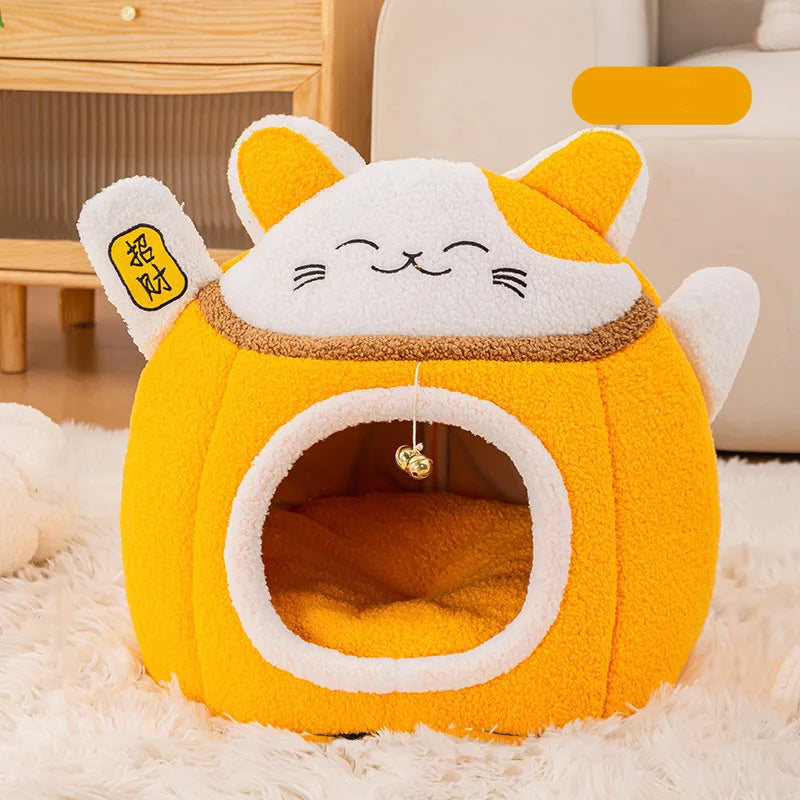 Lucky Fortune Cat Pet Bed - Winter Warm Semi-Open Fleece Round Bed for Cats &amp; Dogs | Cozy Lucky Pet House, Soft Cushioned Kennel - https://mohammadcollection.com
