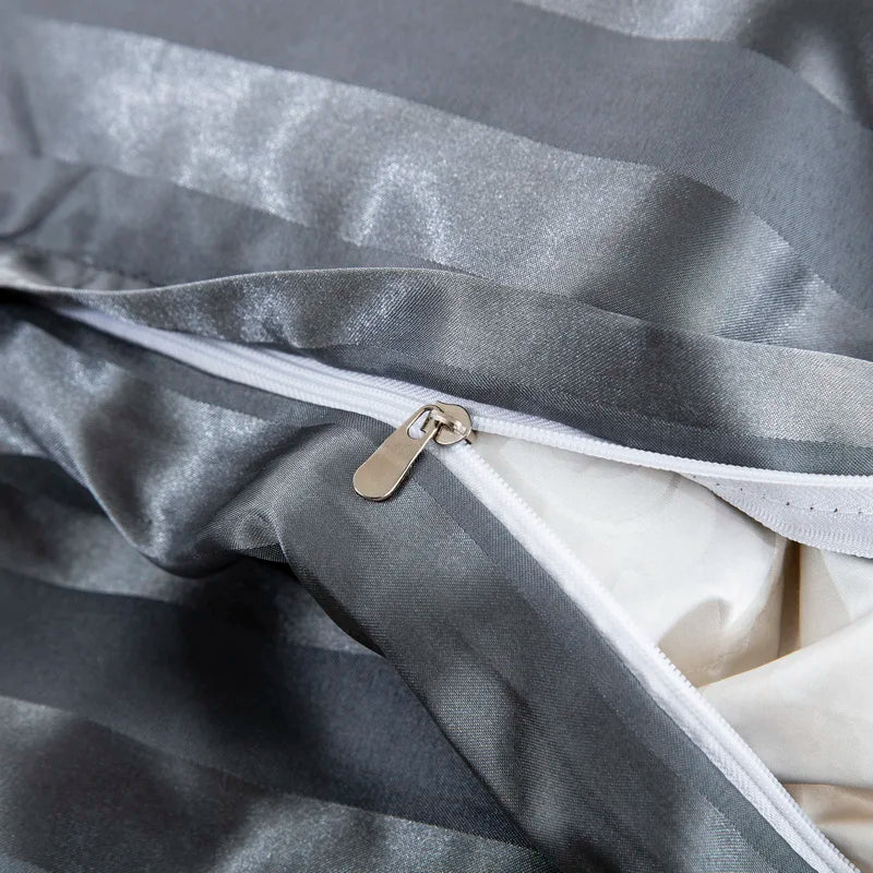 Luxury satin striped duvet cover set in ivory white with silk-like finish, available in full, queen, king, single, and double sizes.