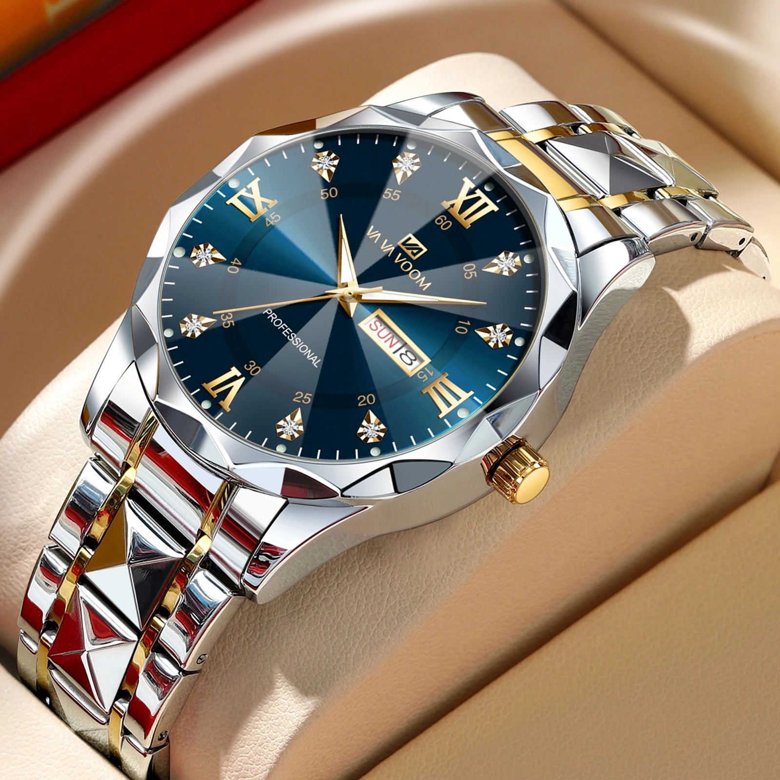 Men Watch Water Diamond Luxury Night Glow Double Calendar Quartz Movement 41mm Blue Gold Stainless Steel Fashion Business Watch - https://mohammadcollection.com