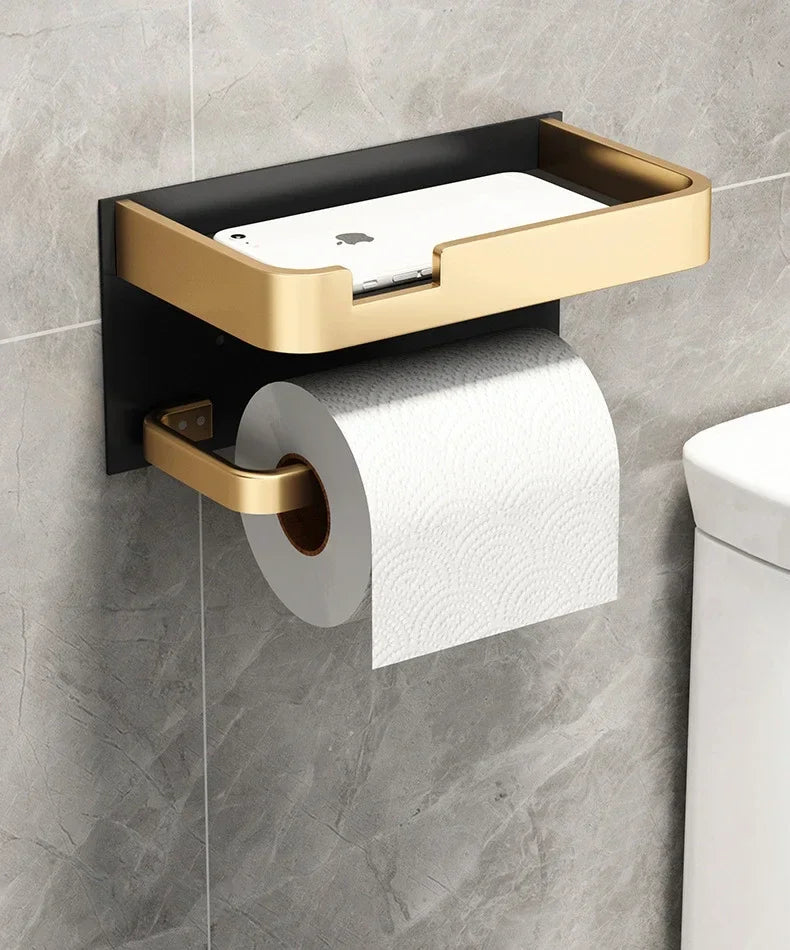 Black Gold Toilet Paper Holder Bathroom Wall Mount Multifunction WC Phone Towel Roll Shelf Accessories - https://mohammadcollection.com