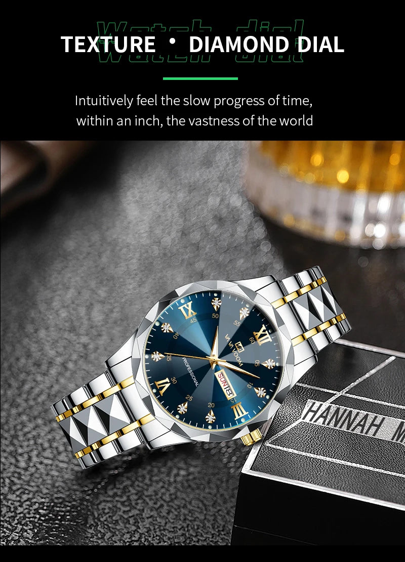 Men Watch Water Diamond Luxury Night Glow Double Calendar Quartz Movement 41mm Blue Gold Stainless Steel Fashion Business Watch - https://mohammadcollection.com