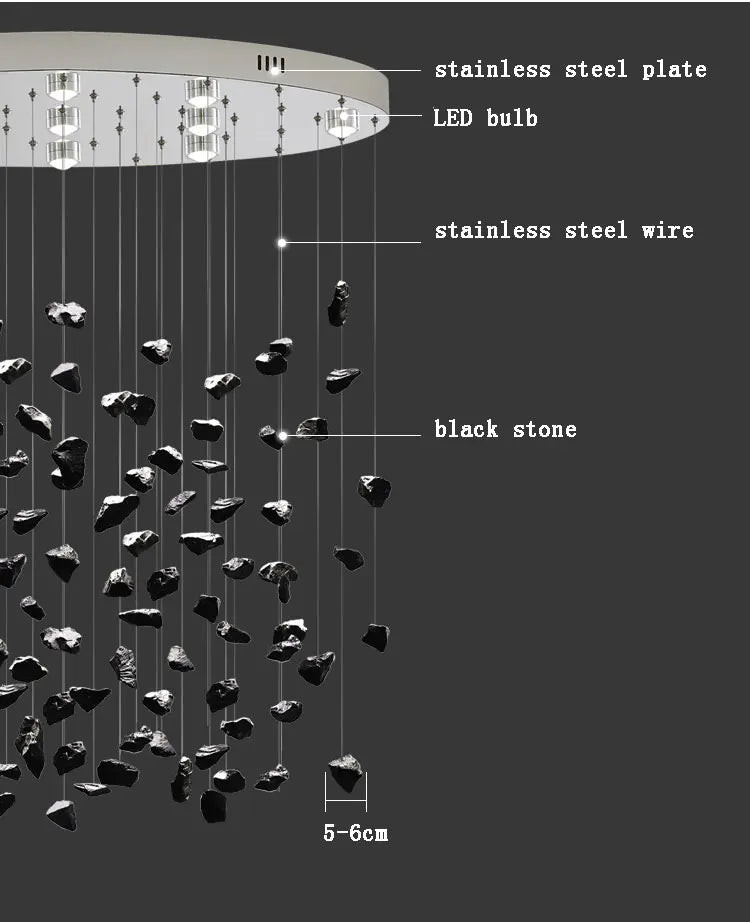 Black Art Luxury Stone Crystal Chandelier For Staircase Hallway Lobby Modern Cristal LED Hanging Lamp Home Indoor Light Fixtures