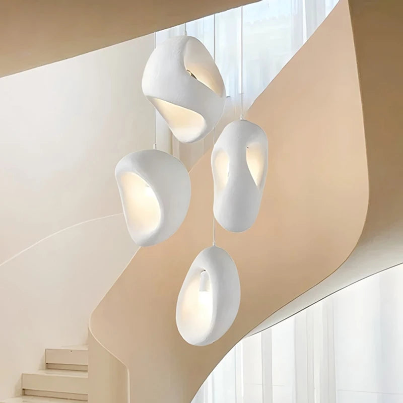 Nordic Villa Stairs Wabi Sabai MC THE BLACK DIAMOND E27 LED pendant light hanging from ceiling with warm glow.