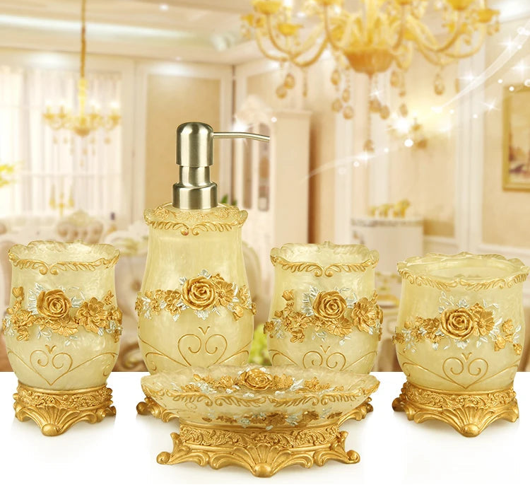 European resin bathroom set including soap dispenser, toothbrush holder, cup, soap dish, toilet brush, and wastebin in home decor style.