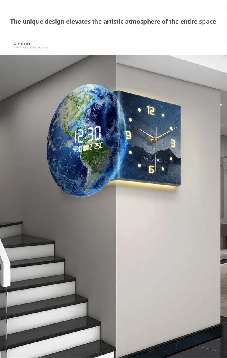 Earth Double Sided Corner Clock LED Wall Clock Modern Design Living Room Decoration Advanced Sense Wall Watch Home Wall Decor - 𝕄𝕮 𝕋𝕙𝕖 𝔹𝕝𝕒𝕔𝕜 𝔻𝕚𝕒𝕞𝕠𝕟𝕕