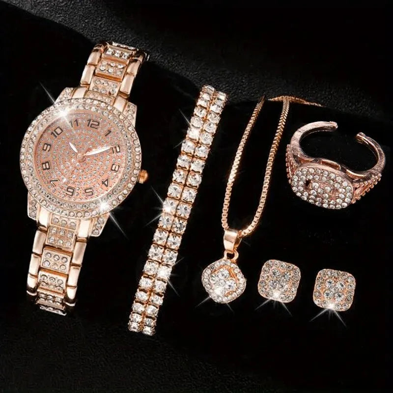 Six elegant women's alloy jewelry watches by MC The Black Diamonds, featuring sleek designs and shiny finishes.