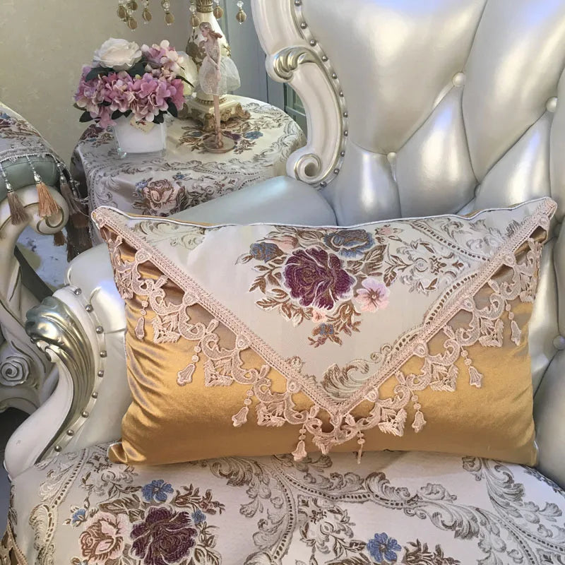 European luxury Jacquard tassel lace decorative sofa pillow cushion cover with rectangular shape and large backrest design.