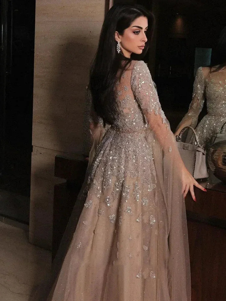 MC THE BLACK DIAMOND evening dress with batwing sleeves, shiny tulle, sequin appliqué, A-line silhouette, perfect for parties and prom.